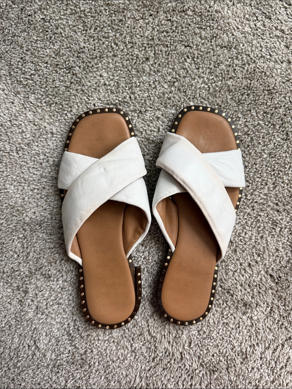 Worn White Crisscross Slide Sandals with Stud Trim - Picture 2 of 2